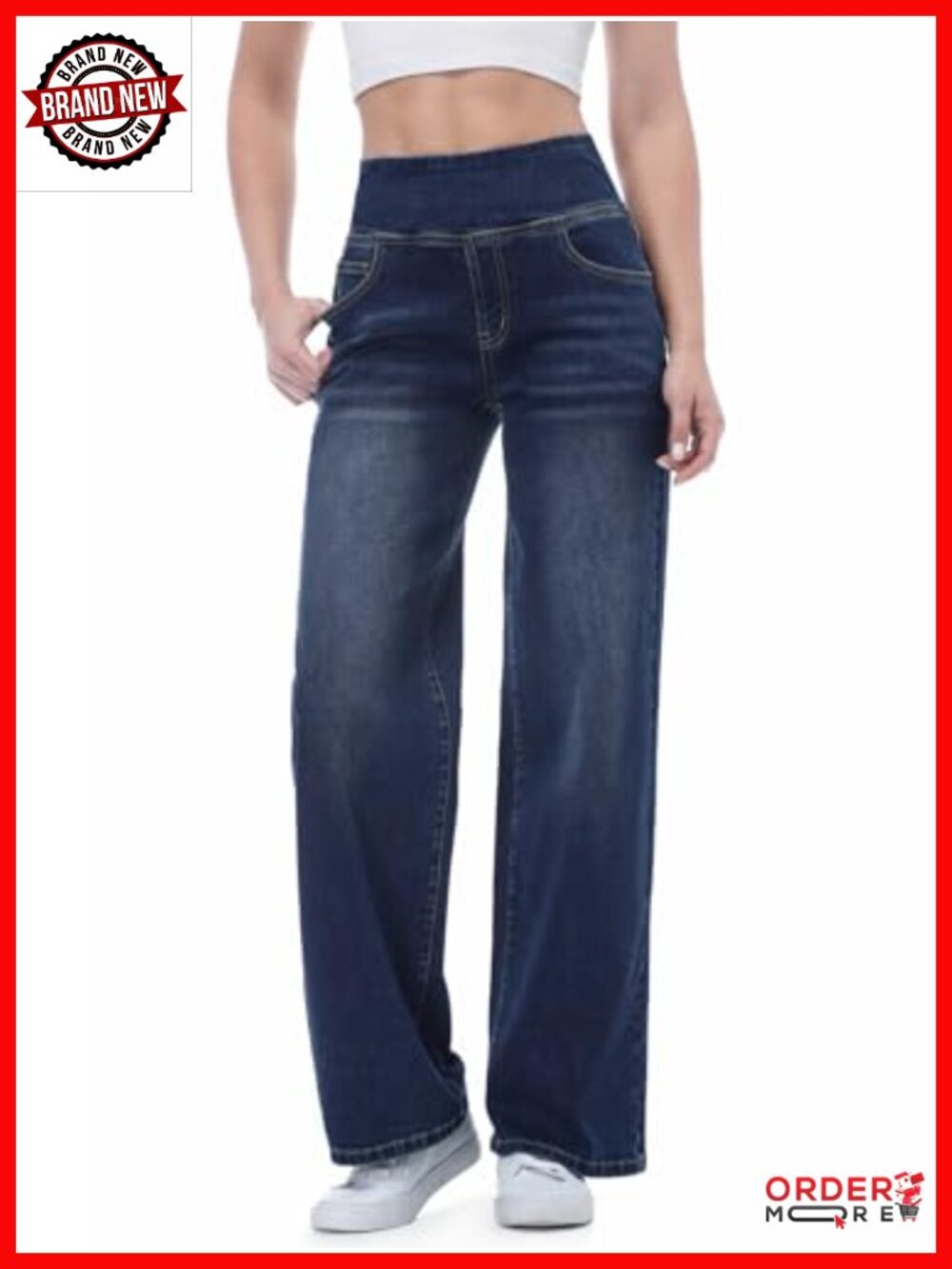 Pull On Wide Leg Jeans High Waisted Stretchy Tummy Control Denim Pants